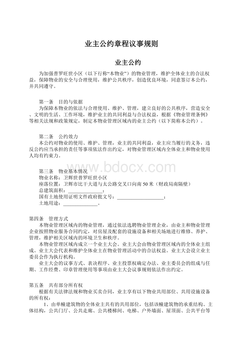 业主公约章程议事规则文档格式.docx