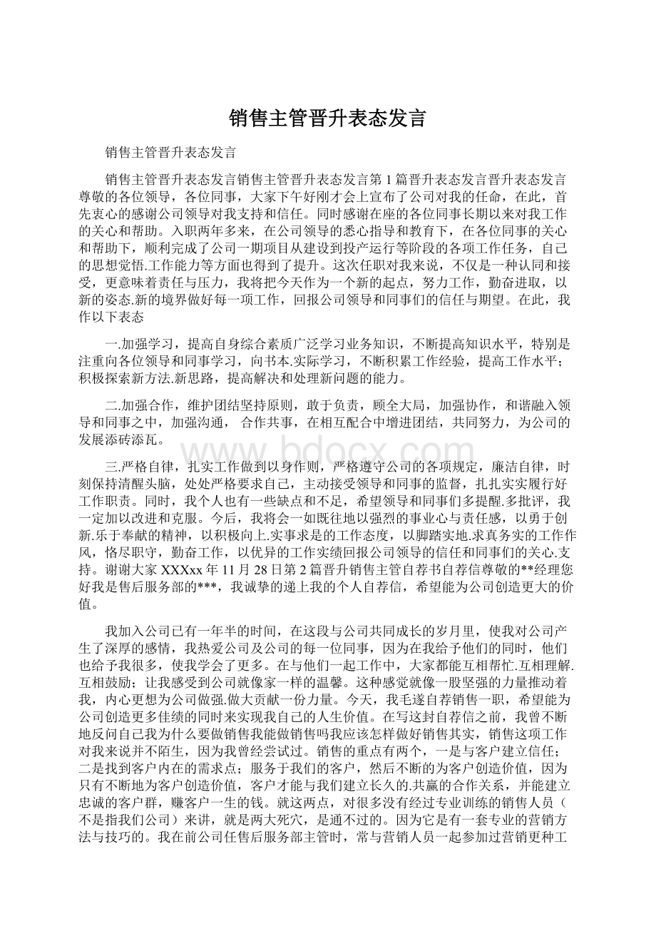 销售主管晋升表态发言Word文档格式.docx