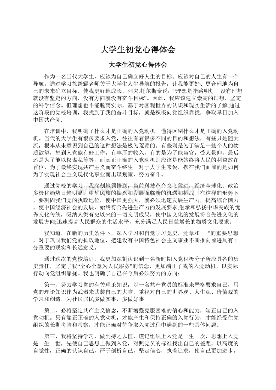 大学生初党心得体会文档格式.docx_第1页