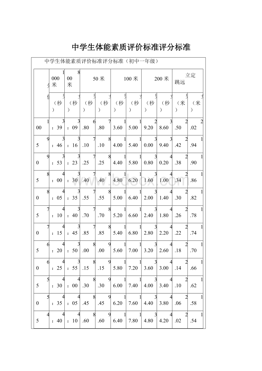 中学生体能素质评价标准评分标准Word格式文档下载.docx