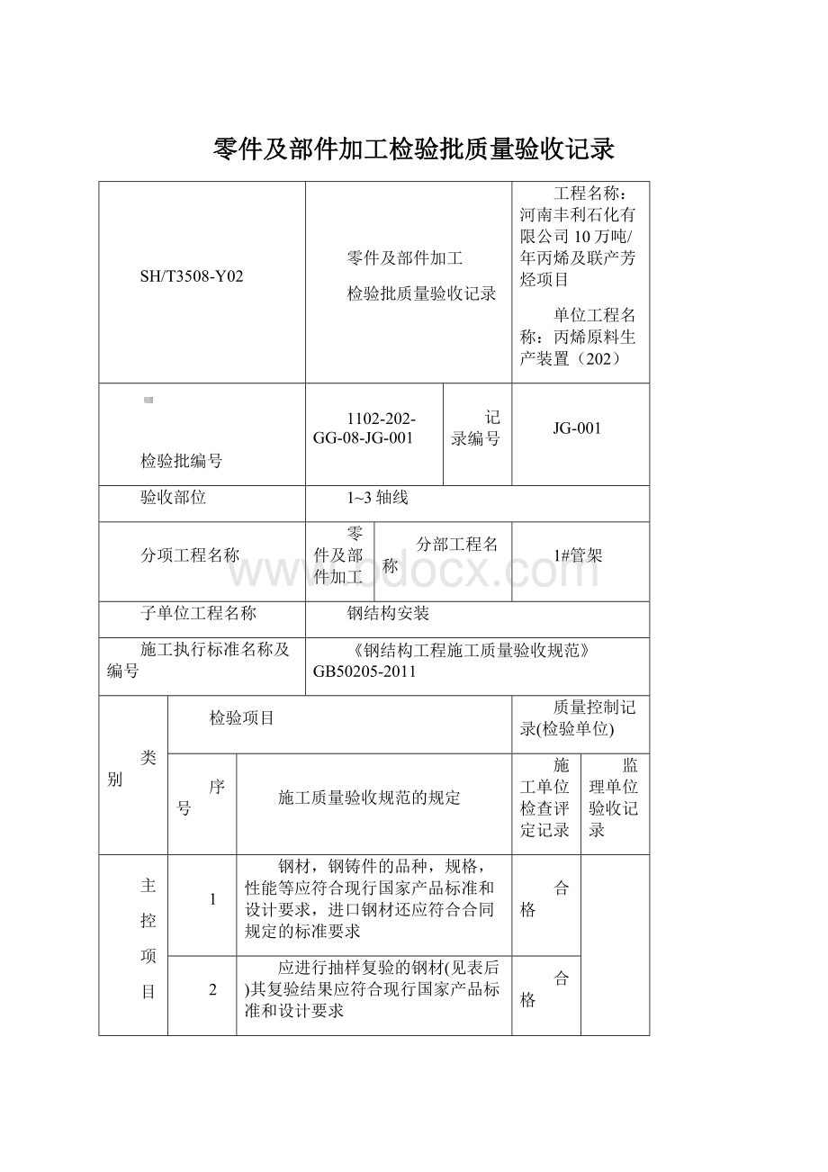 零件及部件加工检验批质量验收记录Word文档格式.docx