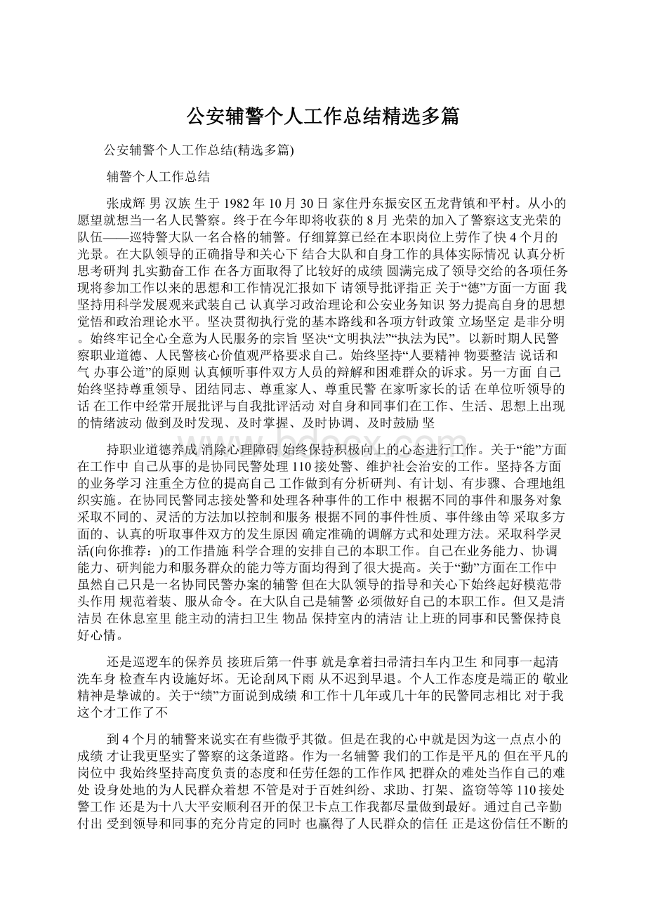 公安辅警个人工作总结精选多篇Word文档格式.docx