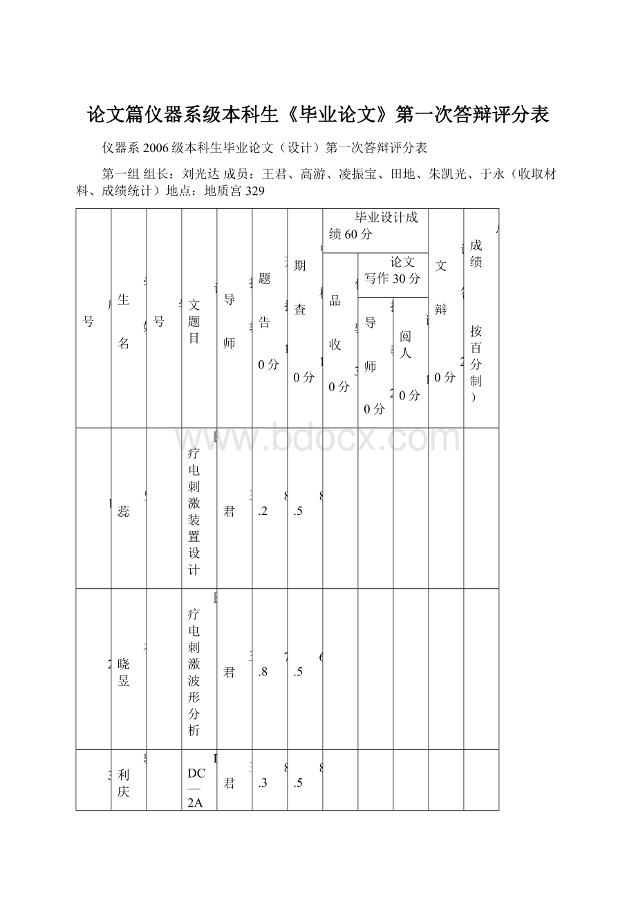 论文篇仪器系级本科生《毕业论文》第一次答辩评分表Word文档格式.docx