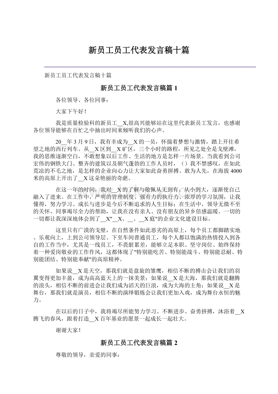 新员工员工代表发言稿十篇Word文档下载推荐.docx