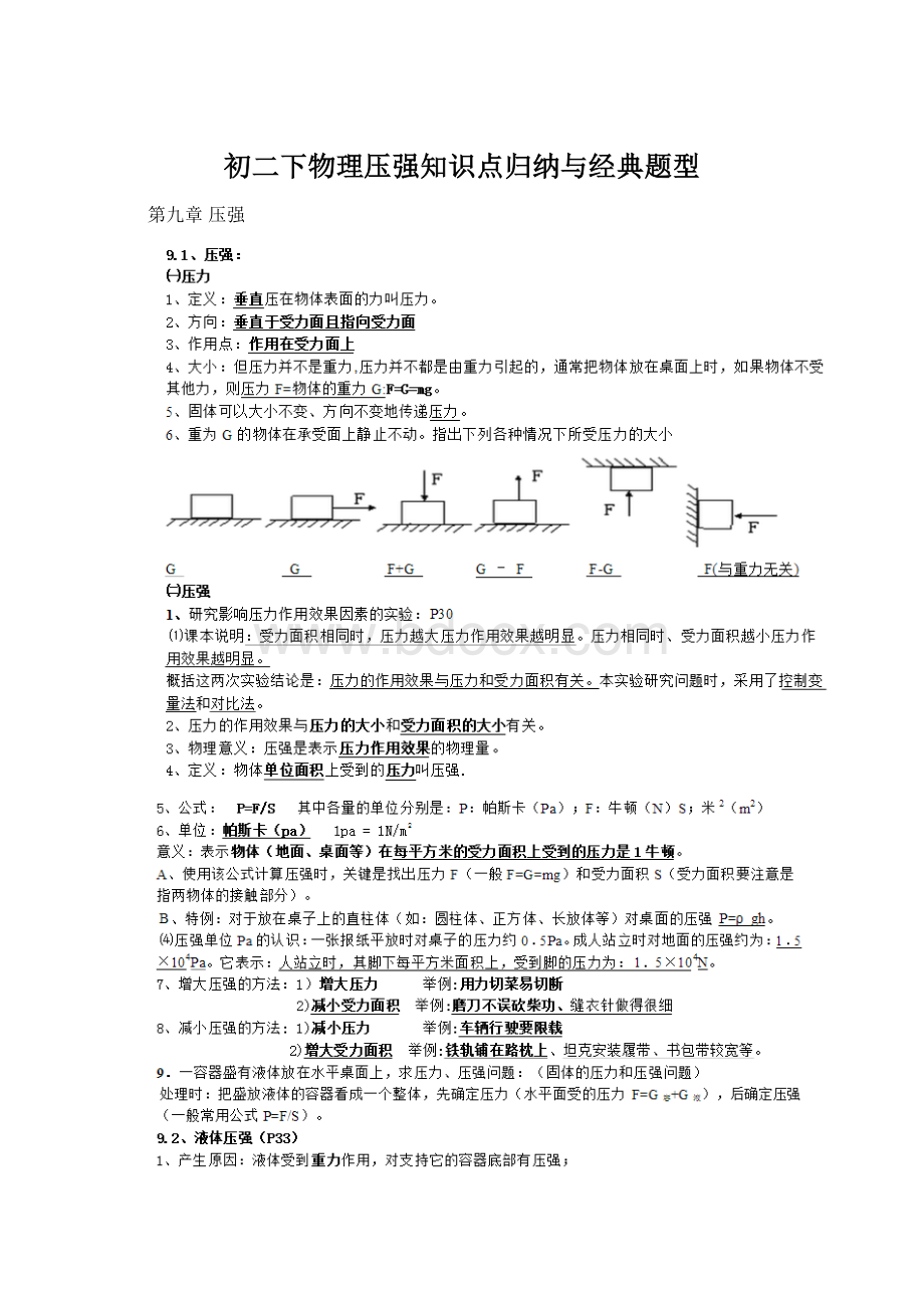 初二下物理压强知识点归纳与经典题型.docx