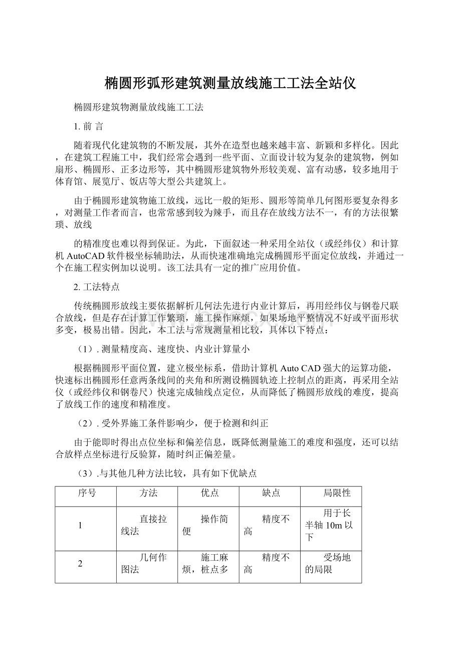 椭圆形弧形建筑测量放线施工工法全站仪.docx_第1页