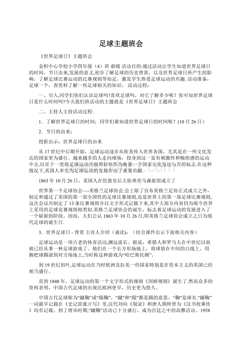 足球主题班会Word文档格式.docx