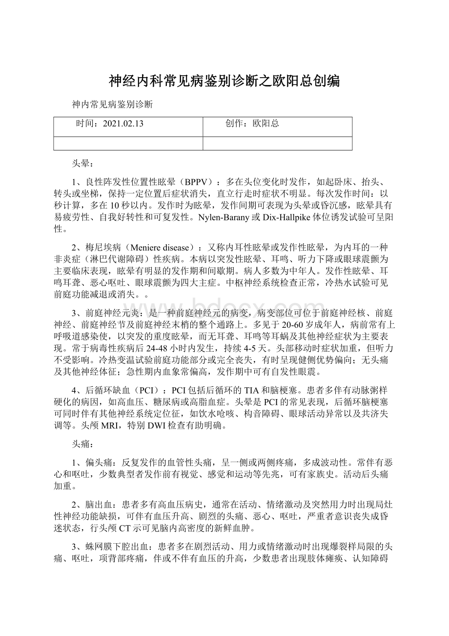 神经内科常见病鉴别诊断之欧阳总创编Word下载.docx