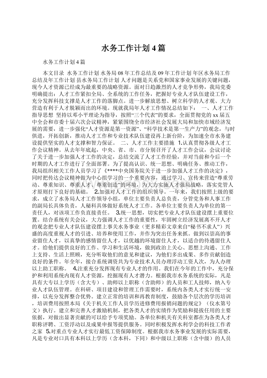 水务工作计划4篇文档格式.docx