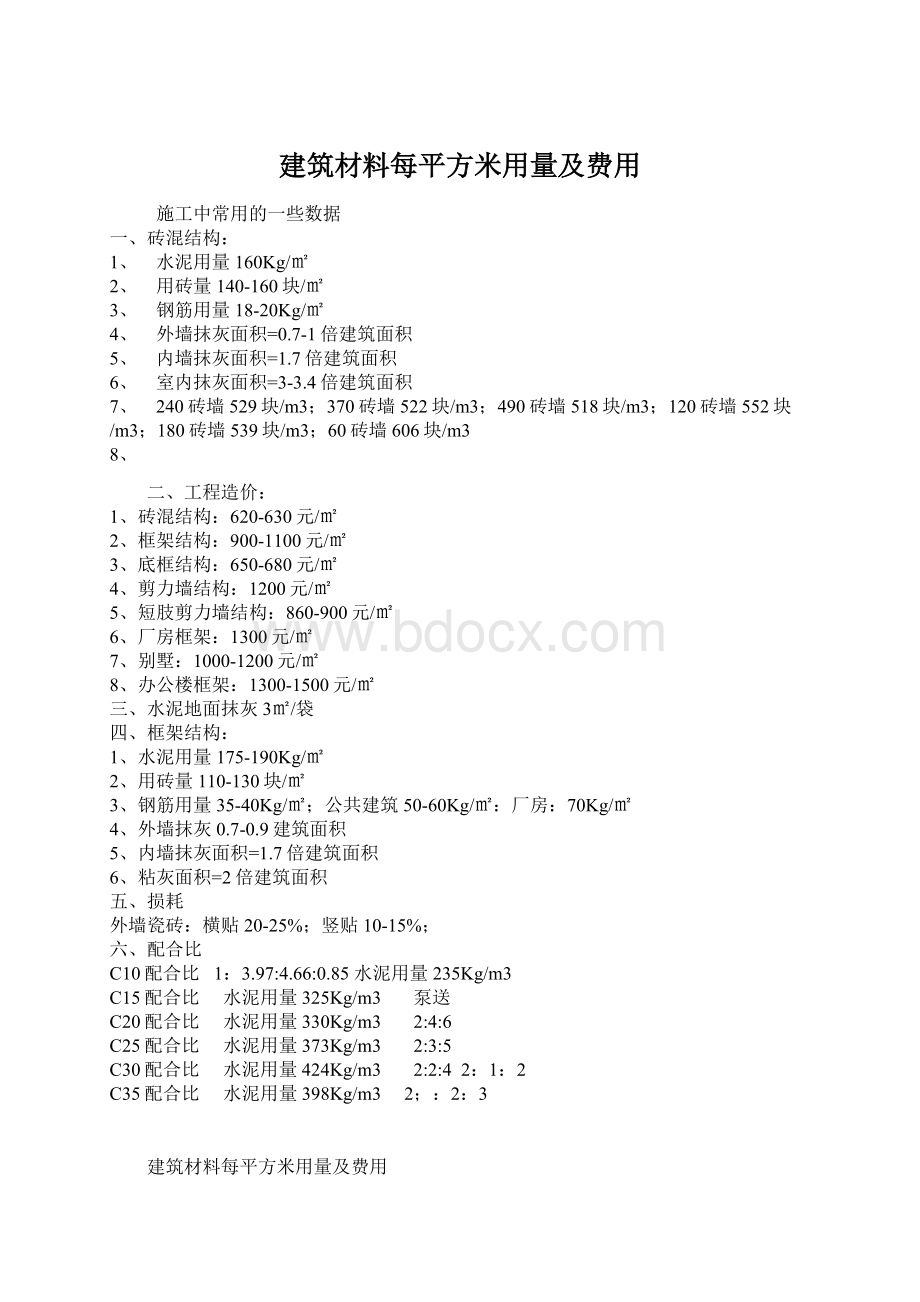 建筑材料每平方米用量及费用Word文档下载推荐.docx