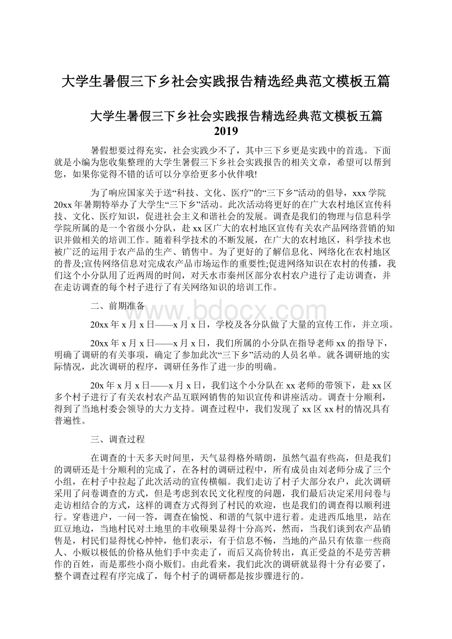 大学生暑假三下乡社会实践报告精选经典范文模板五篇Word文档格式.docx