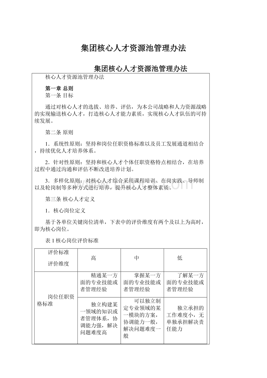 集团核心人才资源池管理办法Word文件下载.docx