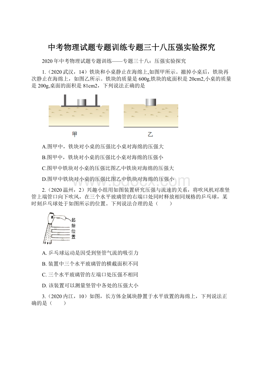 中考物理试题专题训练专题三十八压强实验探究.docx