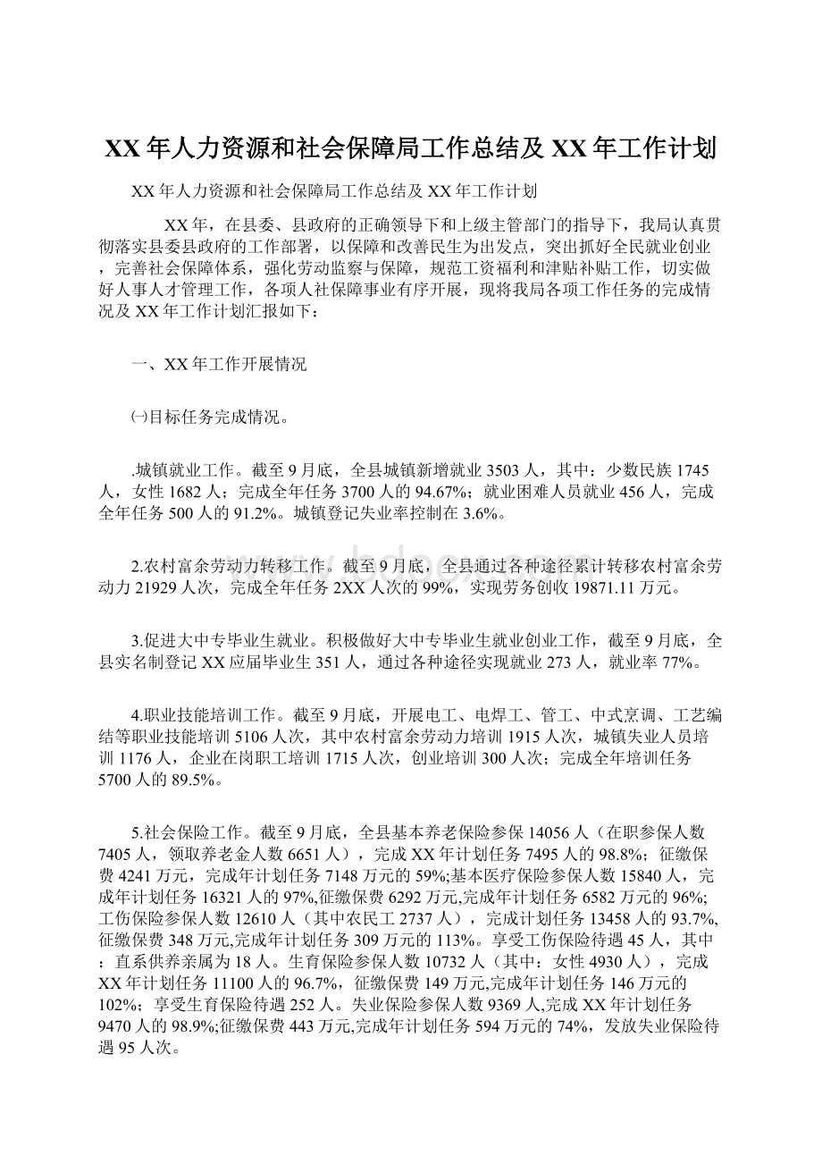 XX年人力资源和社会保障局工作总结及XX年工作计划.docx