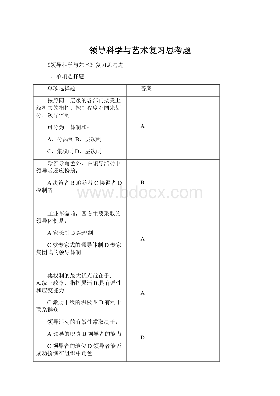 领导科学与艺术复习思考题.docx_第1页