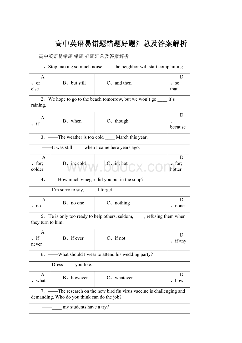 高中英语易错题错题好题汇总及答案解析Word格式文档下载.docx