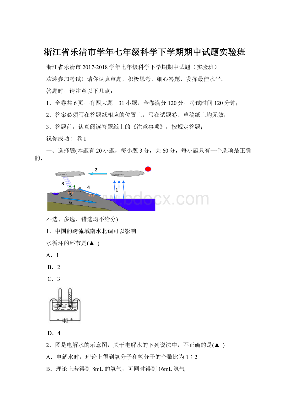 浙江省乐清市学年七年级科学下学期期中试题实验班Word文档格式.docx