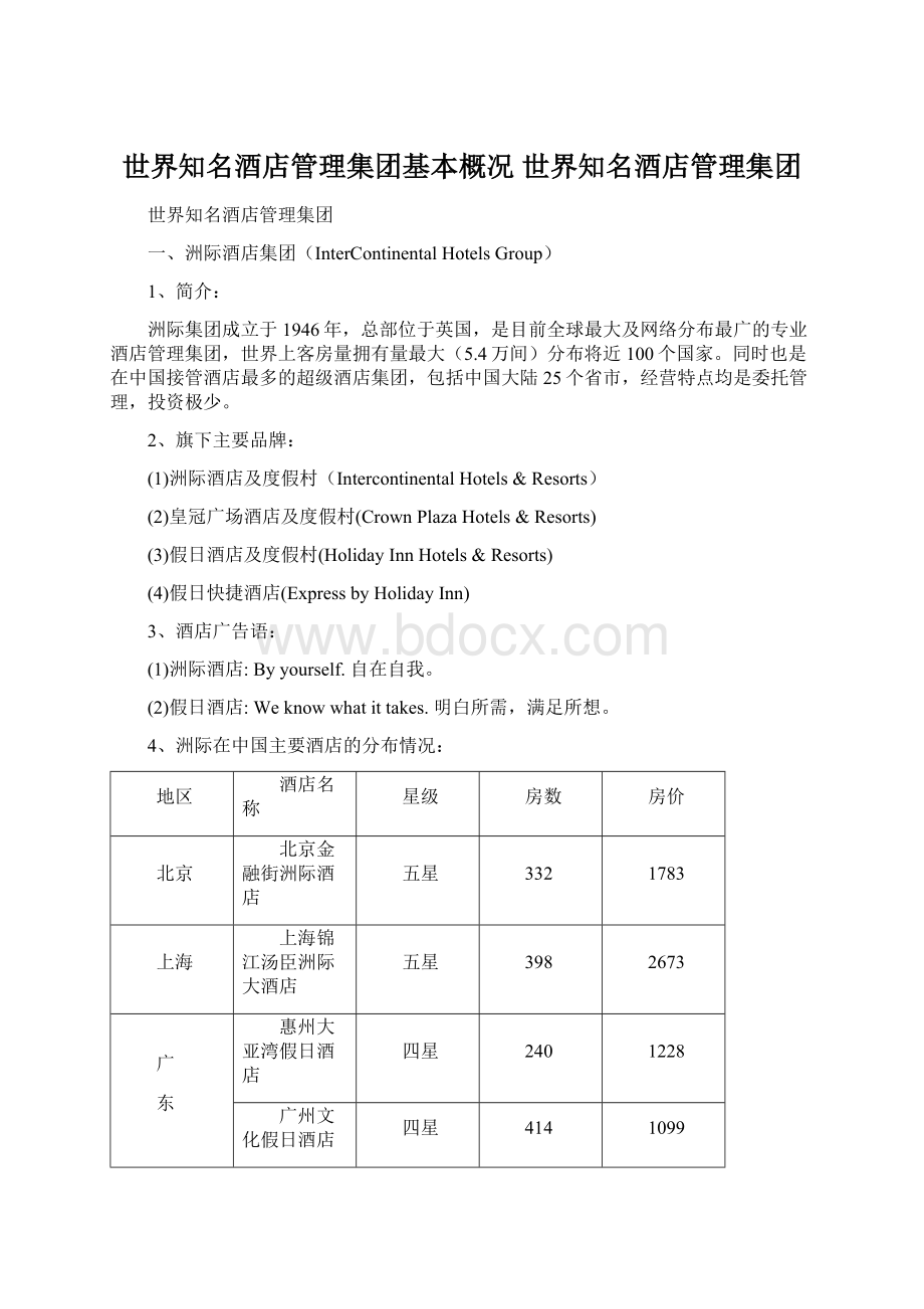 世界知名酒店管理集团基本概况世界知名酒店管理集团Word文档下载推荐.docx