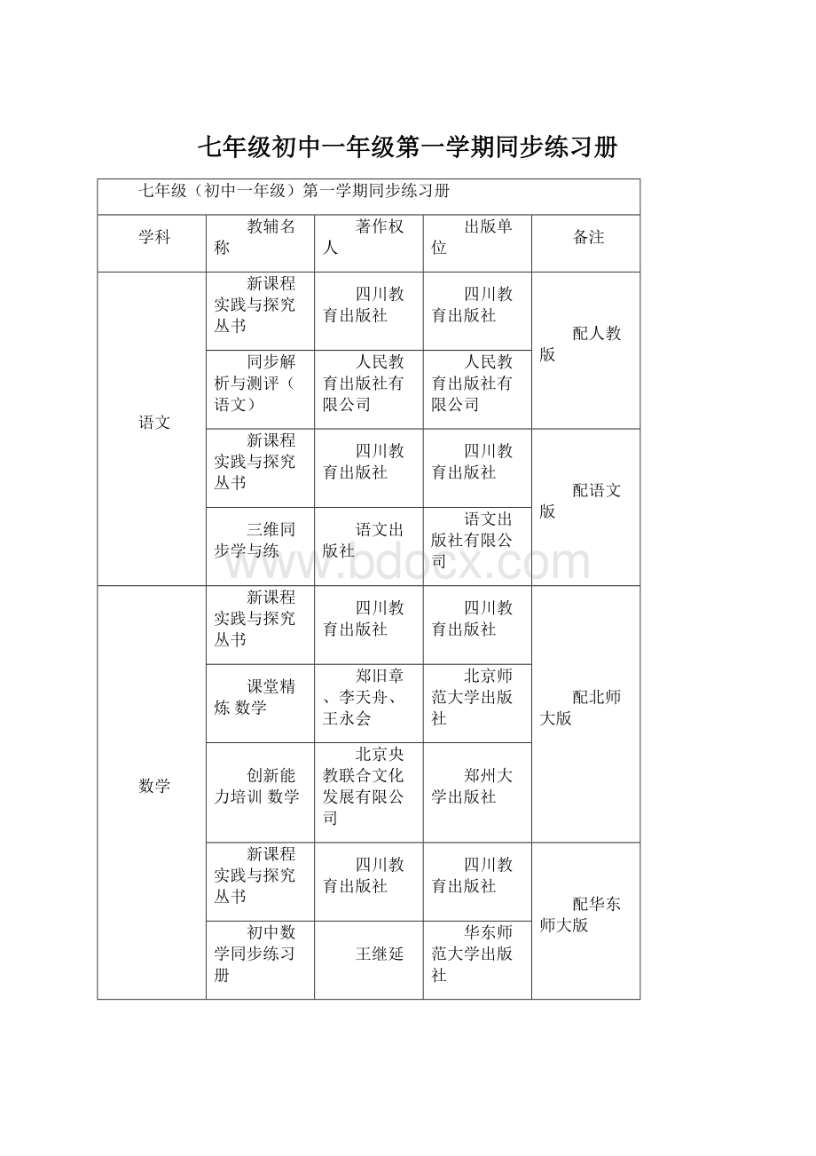 七年级初中一年级第一学期同步练习册Word文档下载推荐.docx