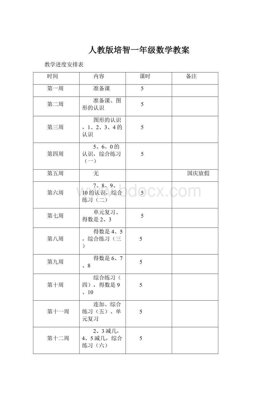 人教版培智一年级数学教案.docx