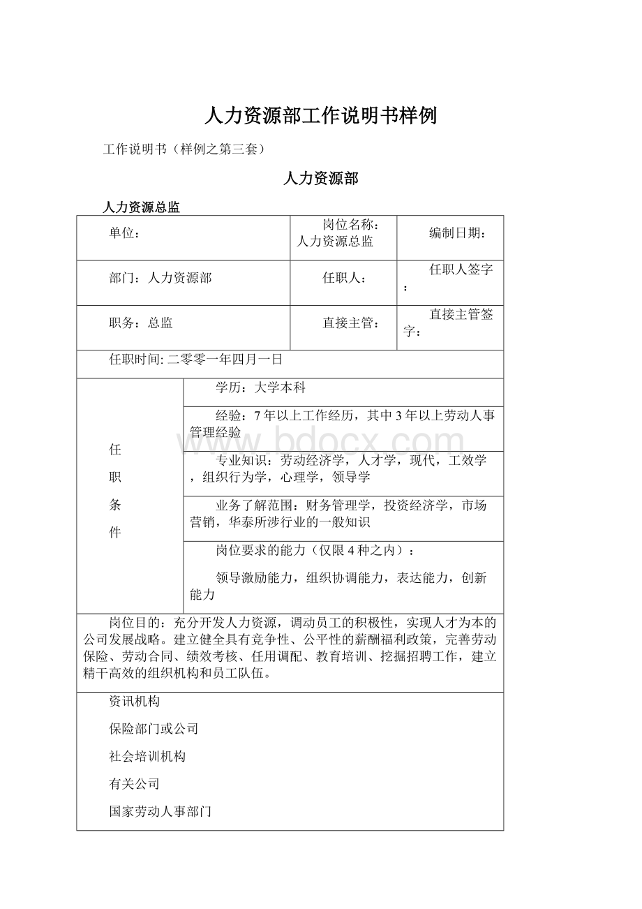 人力资源部工作说明书样例Word格式文档下载.docx_第1页