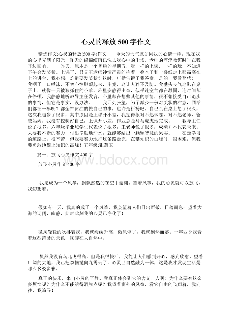 心灵的释放500字作文Word文档下载推荐.docx_第1页