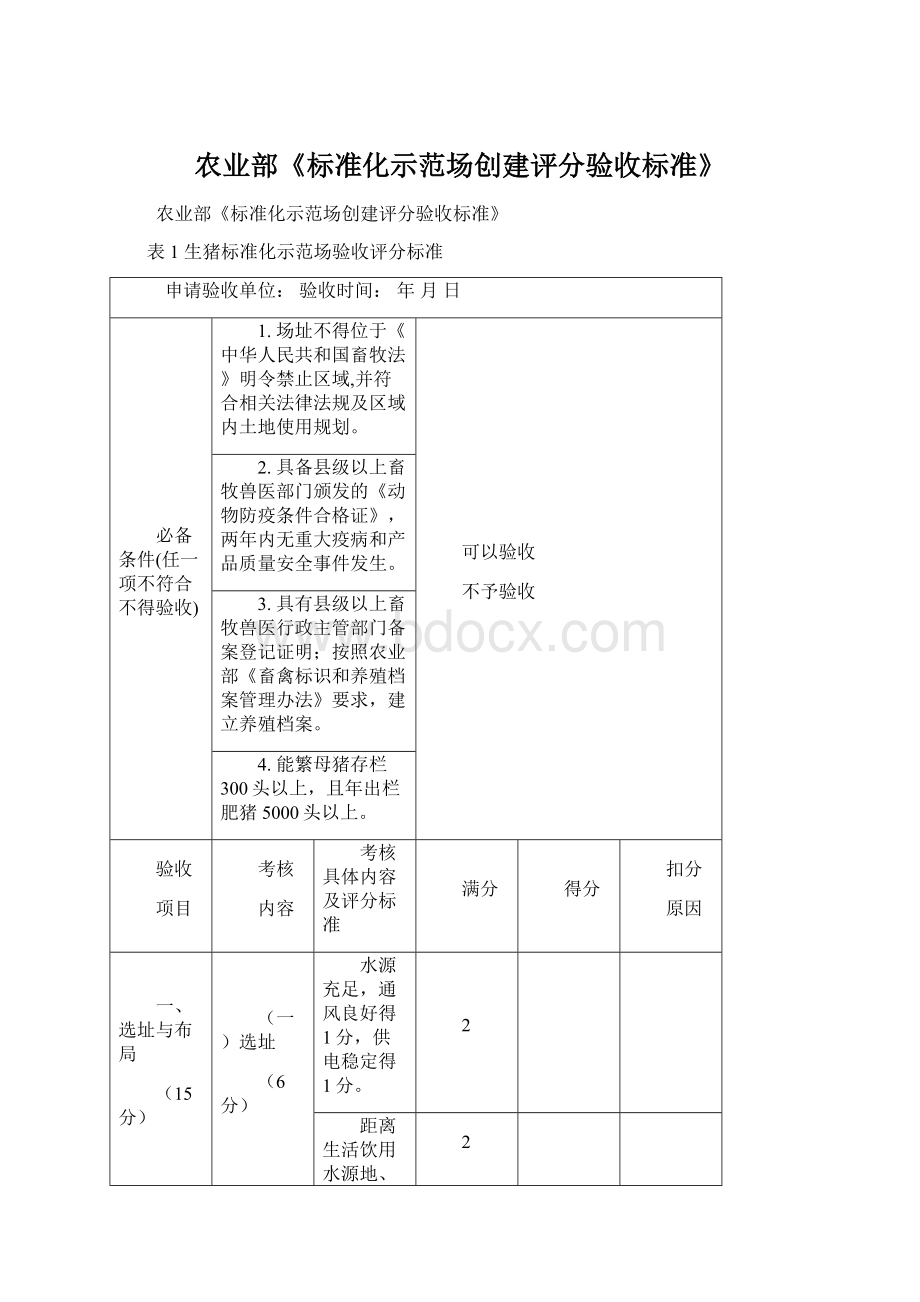 农业部《标准化示范场创建评分验收标准》Word下载.docx