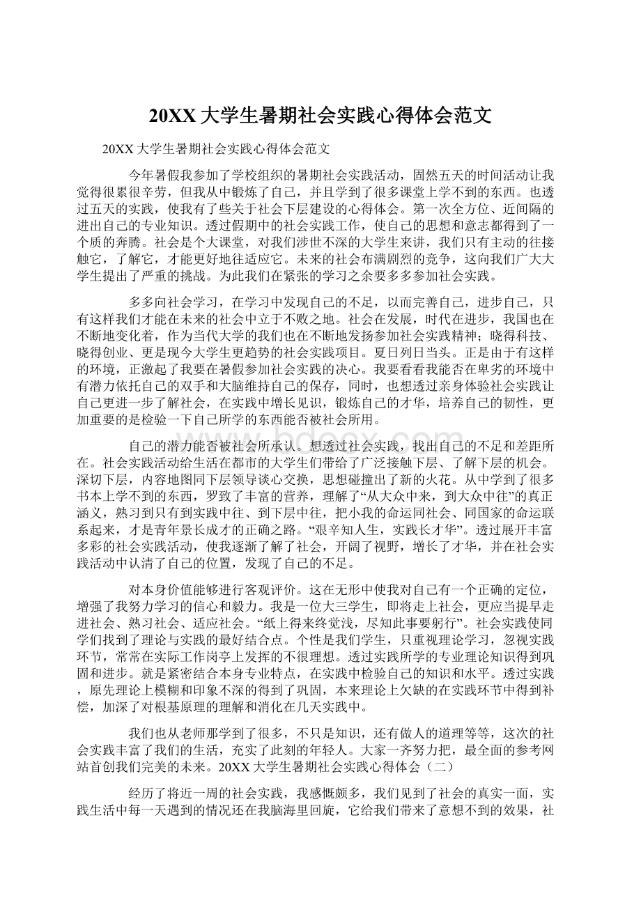 20XX大学生暑期社会实践心得体会范文文档格式.docx