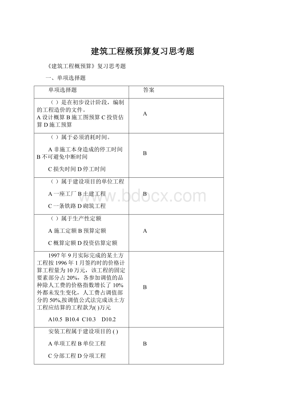 建筑工程概预算复习思考题Word文档下载推荐.docx_第1页