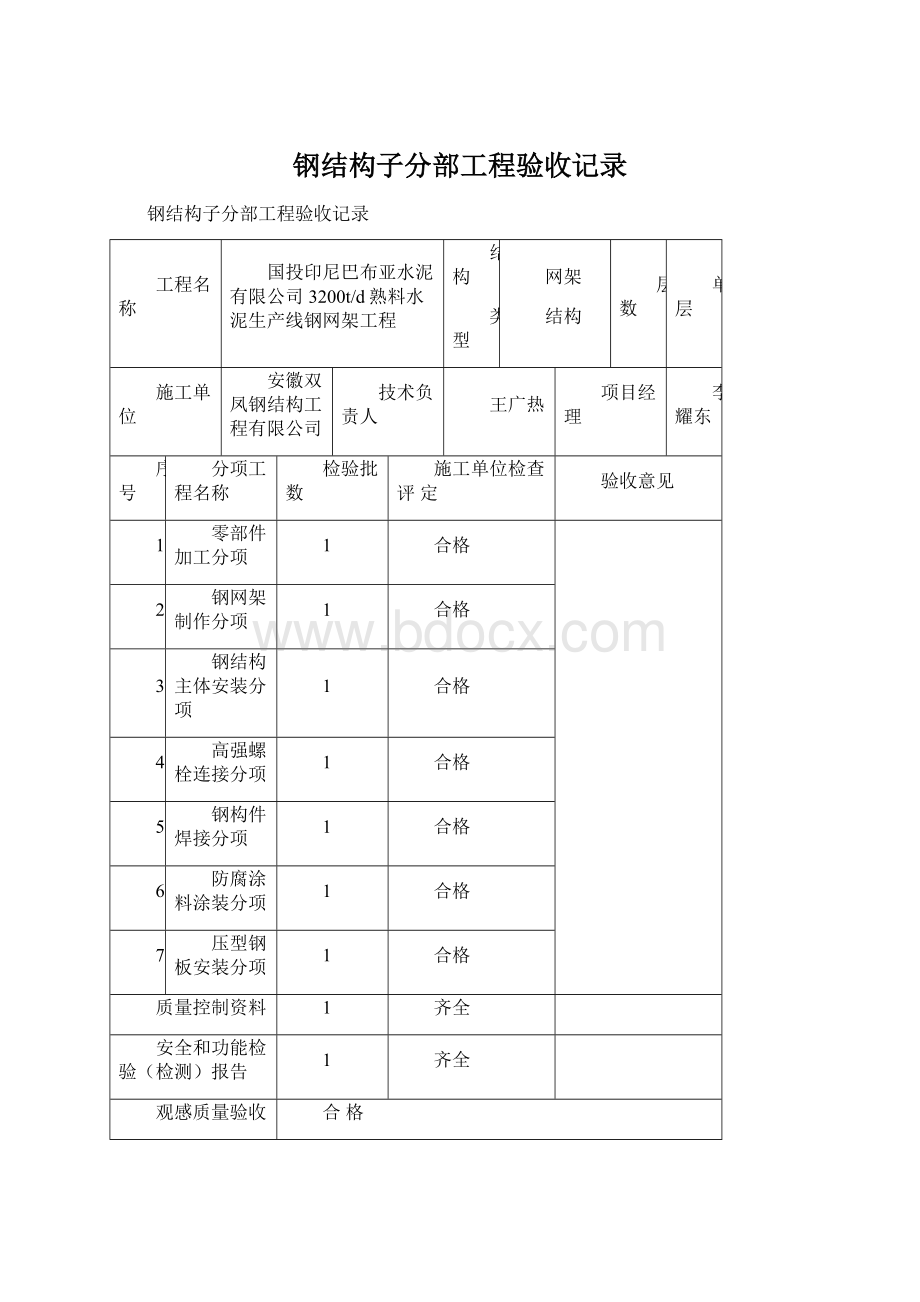 钢结构子分部工程验收记录.docx_第1页