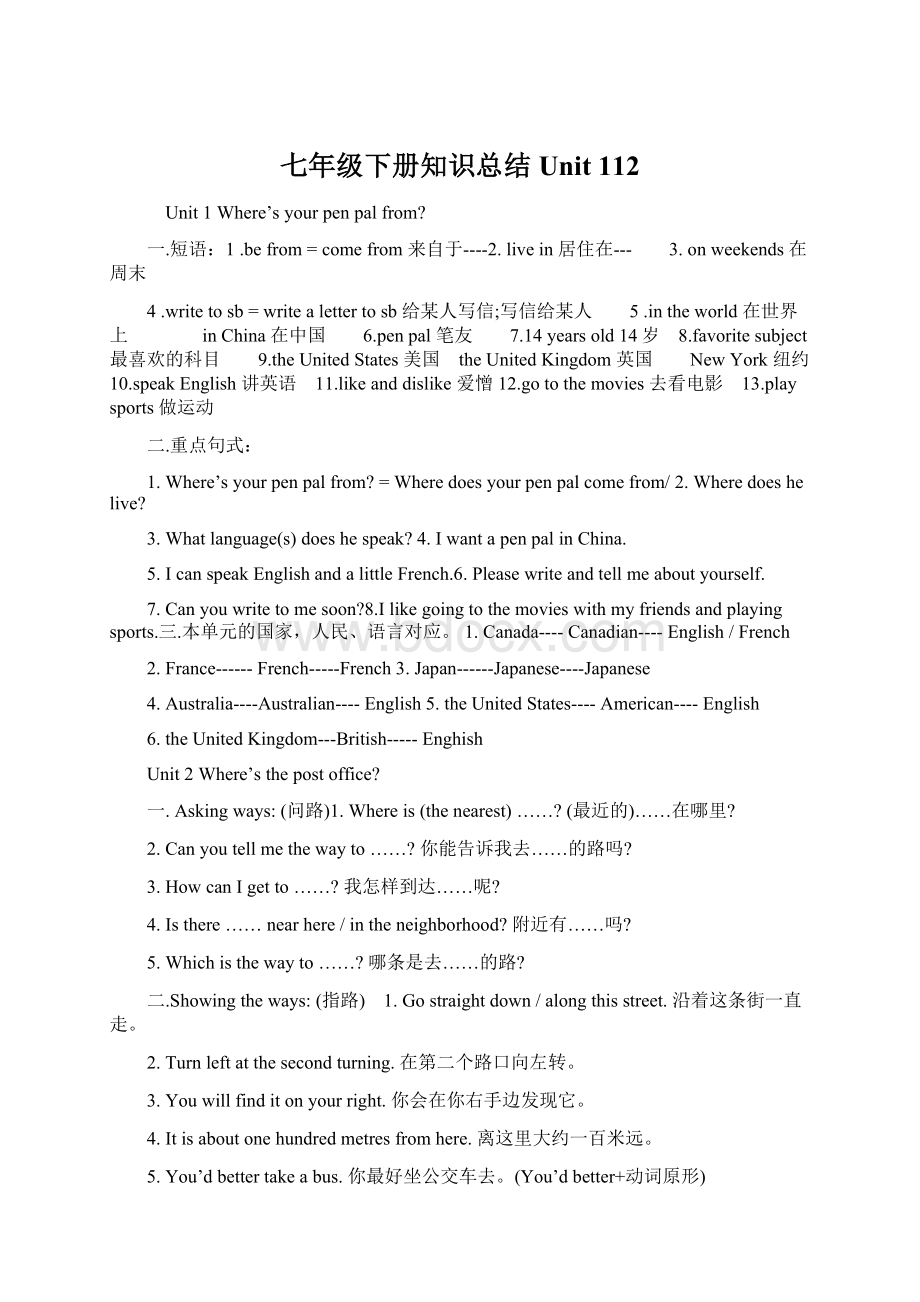 七年级下册知识总结Unit 112Word文档格式.docx