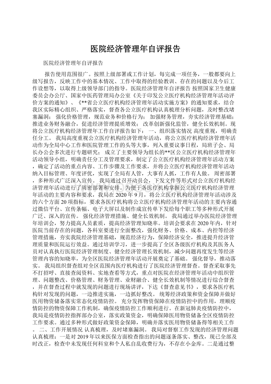 医院经济管理年自评报告Word下载.docx