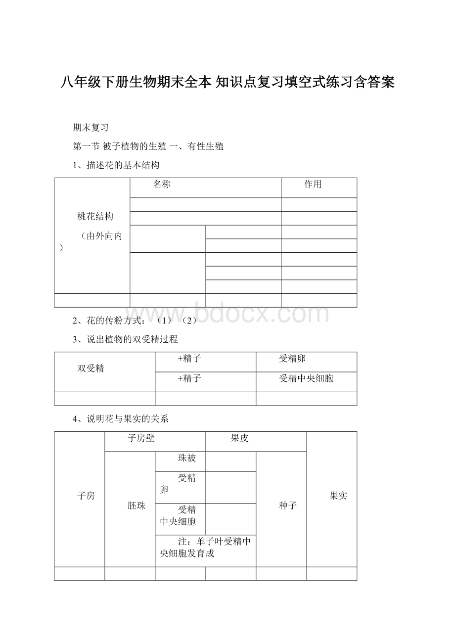 八年级下册生物期末全本 知识点复习填空式练习含答案.docx_第1页