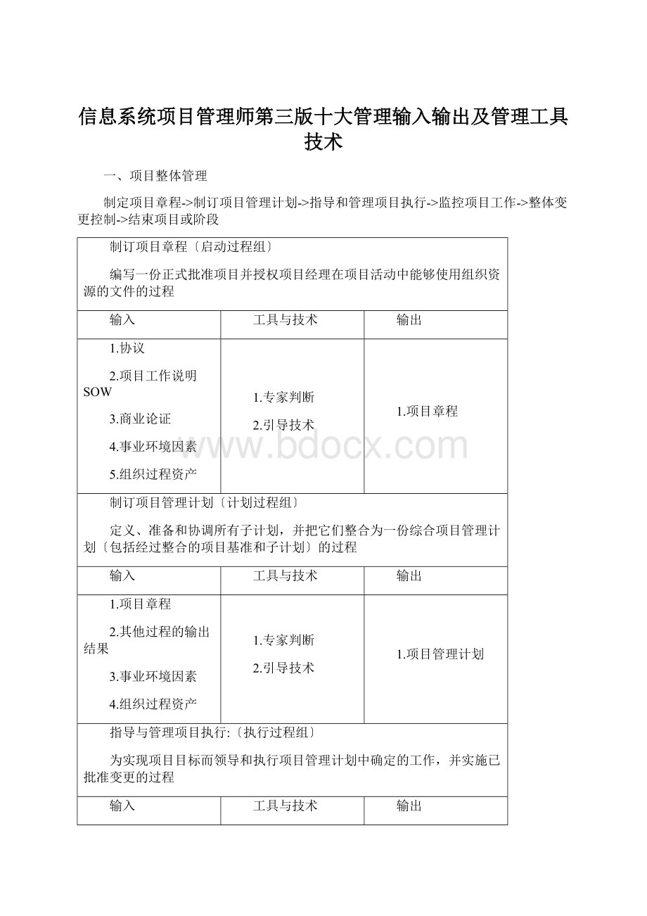 信息系统项目管理师第三版十大管理输入输出及管理工具技术文档格式.docx