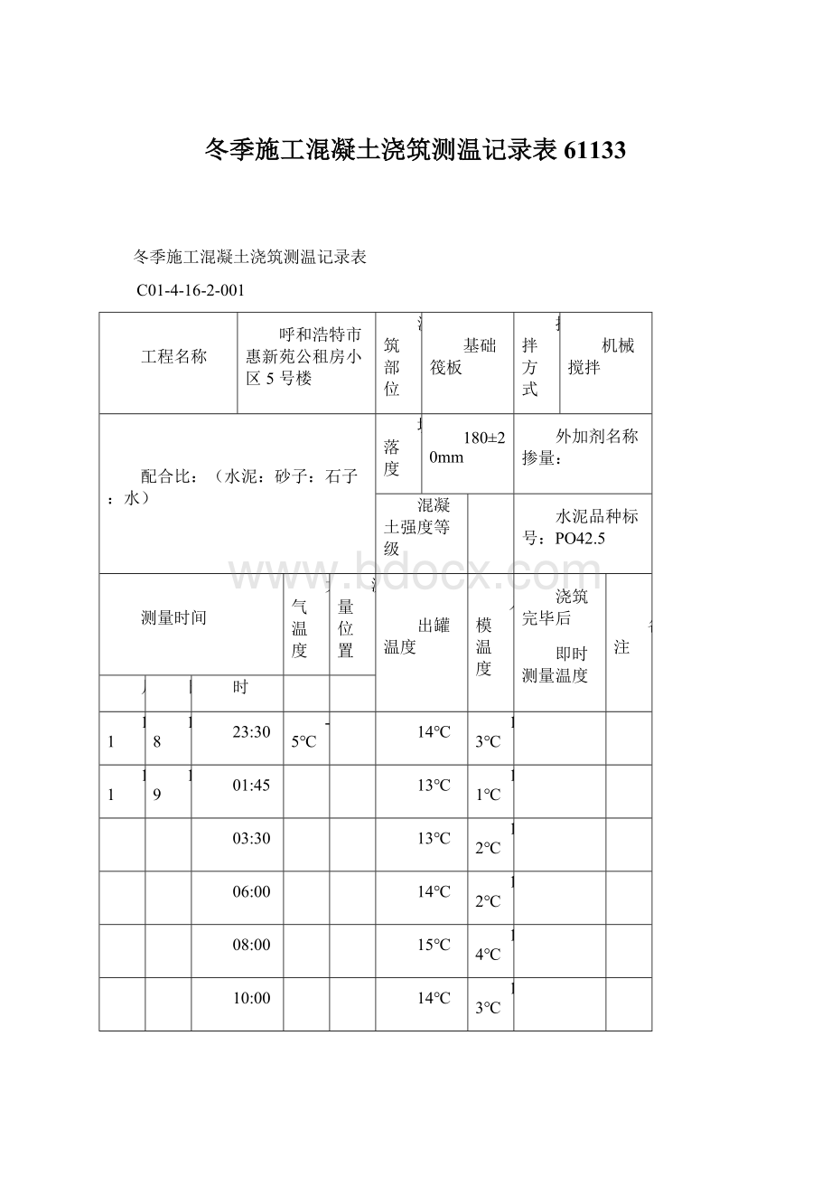 冬季施工混凝土浇筑测温记录表61133.docx