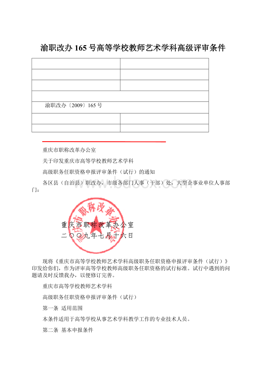 渝职改办165号高等学校教师艺术学科高级评审条件.docx_第1页