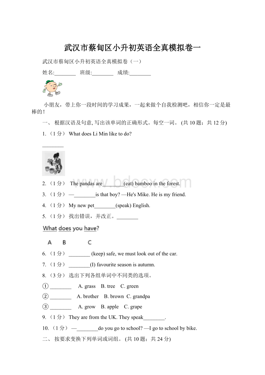 武汉市蔡甸区小升初英语全真模拟卷一Word文档格式.docx