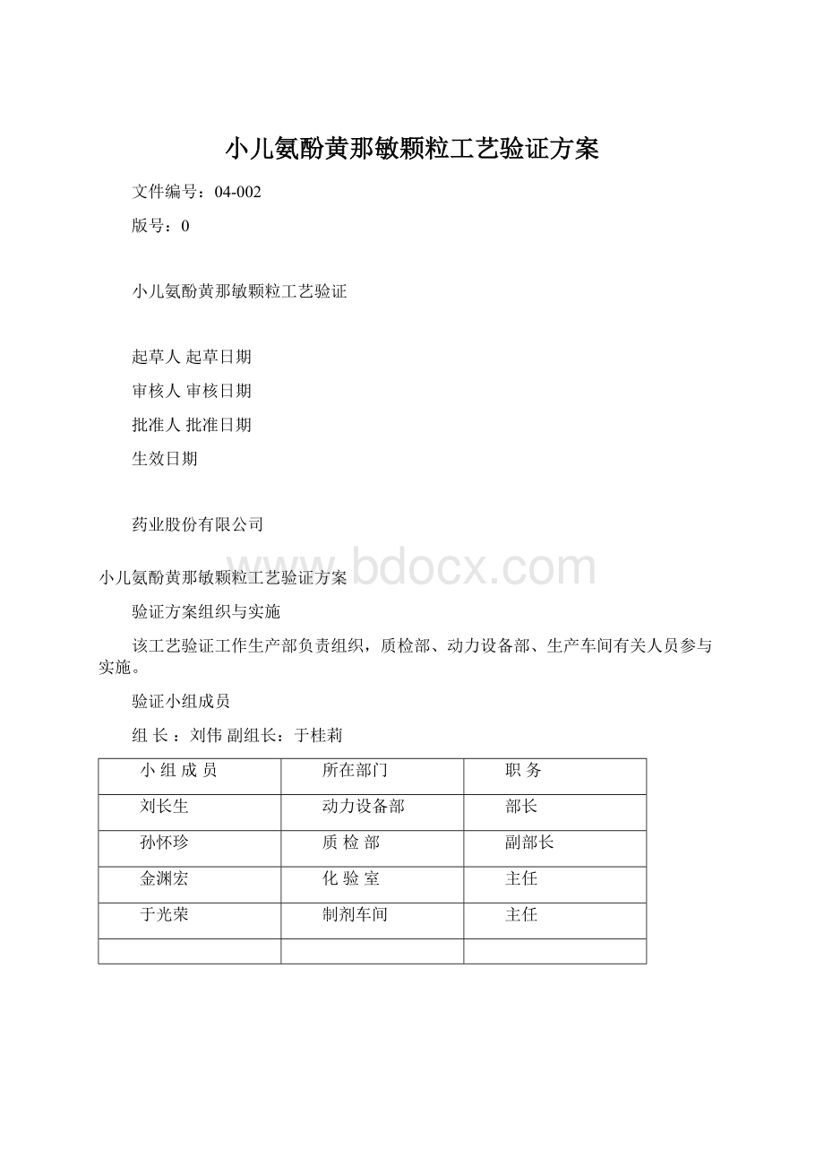 小儿氨酚黄那敏颗粒工艺验证方案Word文档下载推荐.docx