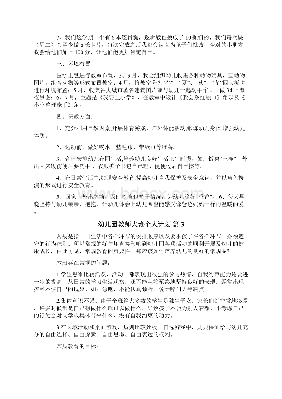 幼儿园教师大班个人计划10篇Word格式文档下载.docx_第3页