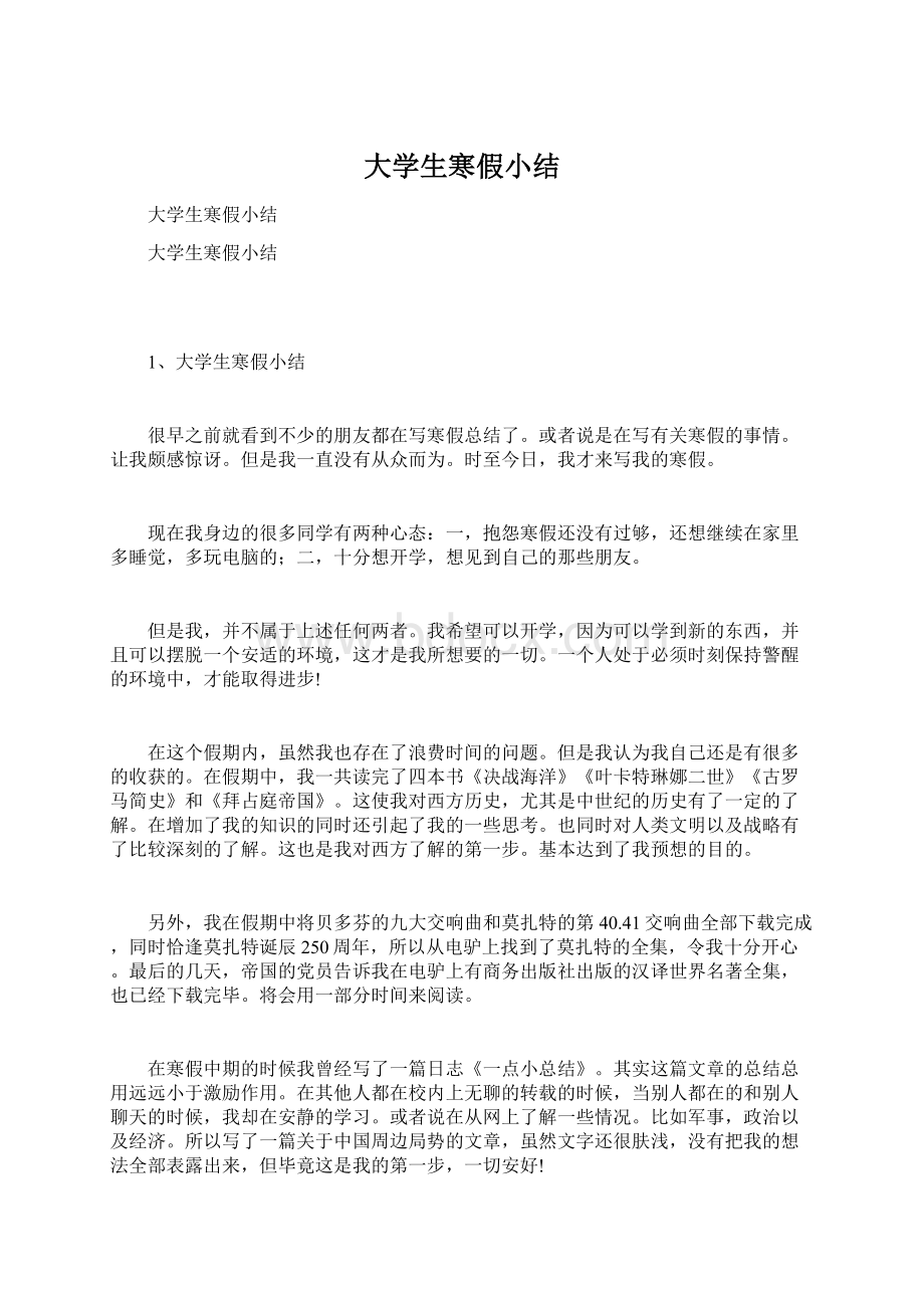 大学生寒假小结Word文档格式.docx