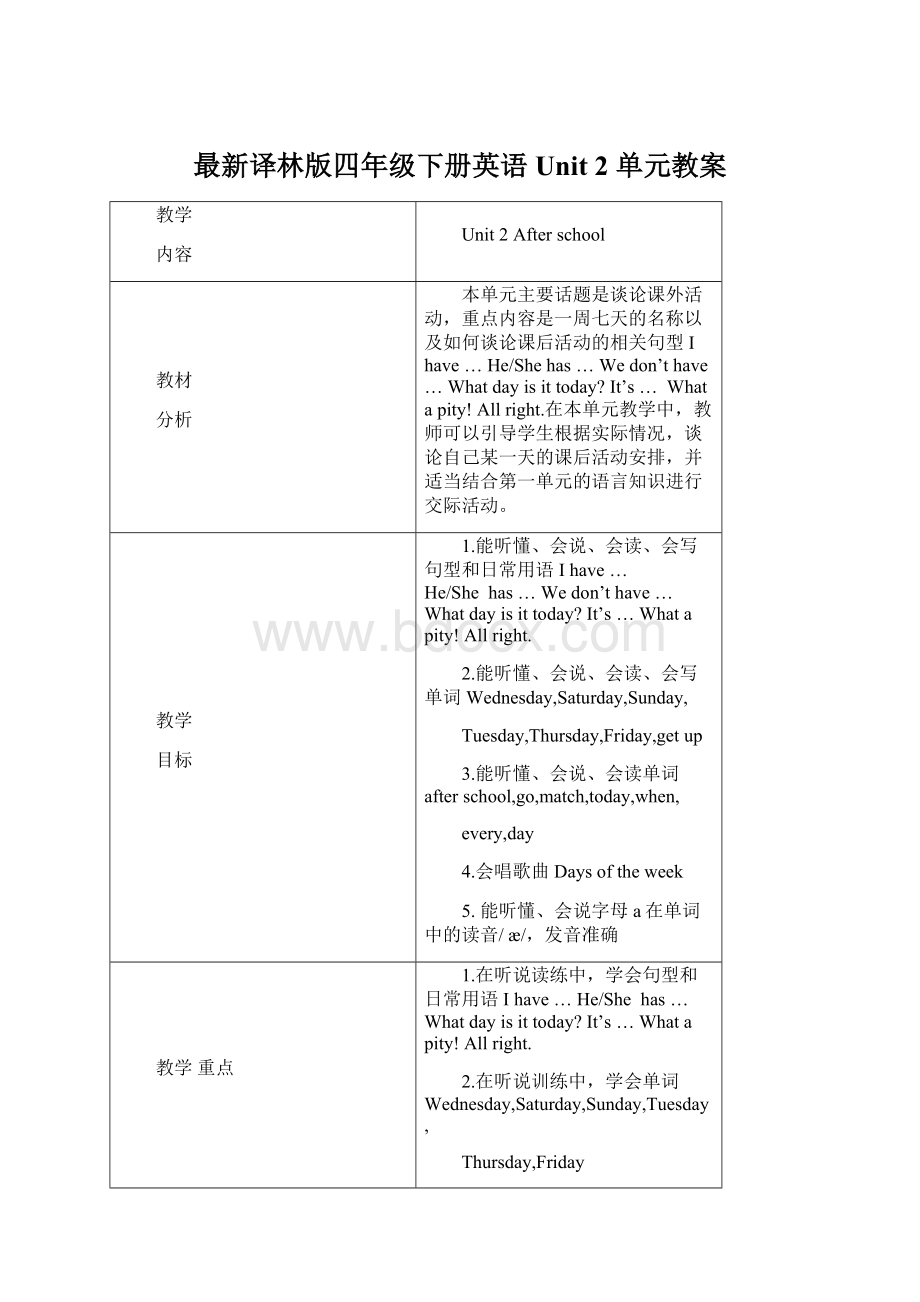 最新译林版四年级下册英语 Unit 2 单元教案Word文档下载推荐.docx