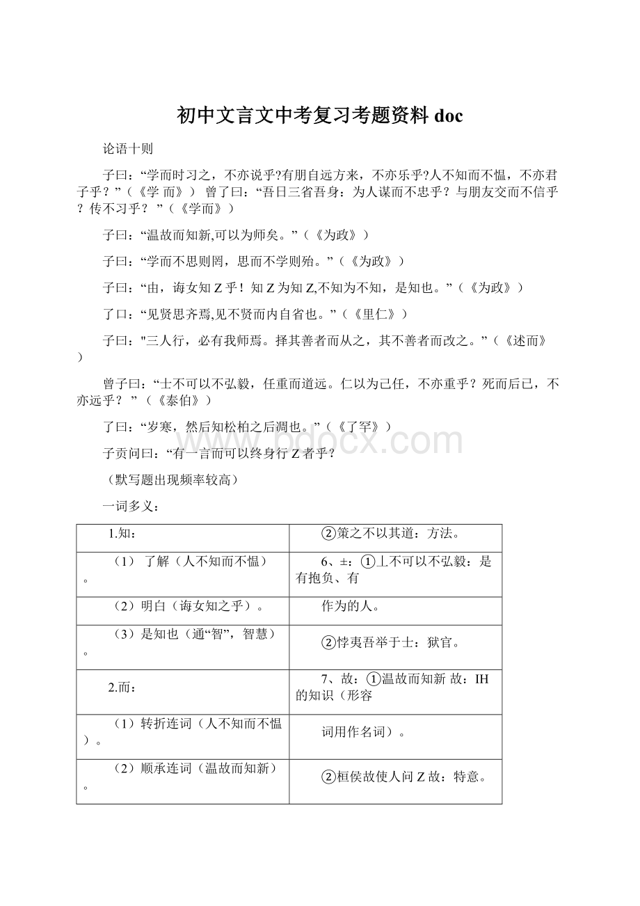 初中文言文中考复习考题资料docWord下载.docx