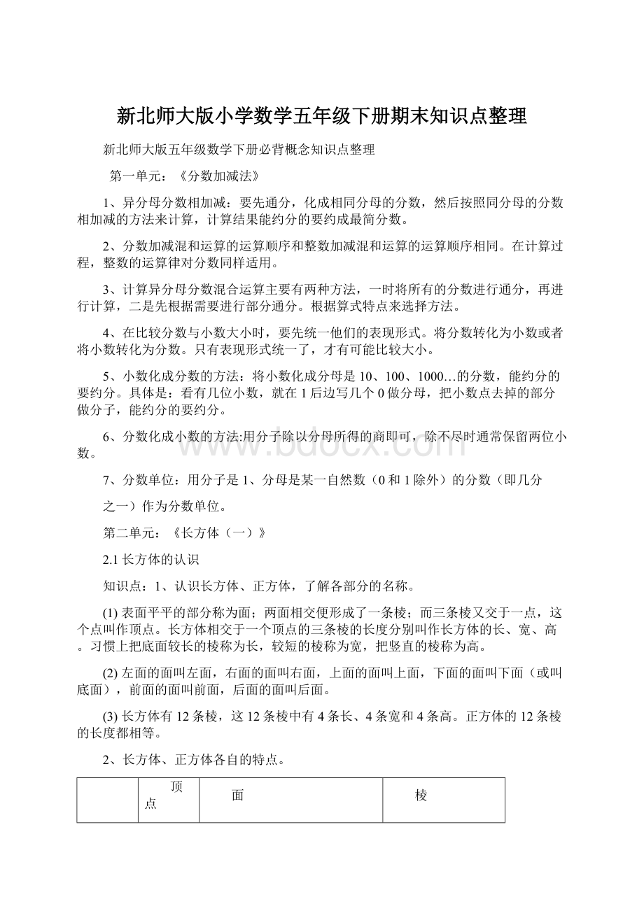 新北师大版小学数学五年级下册期末知识点整理.docx