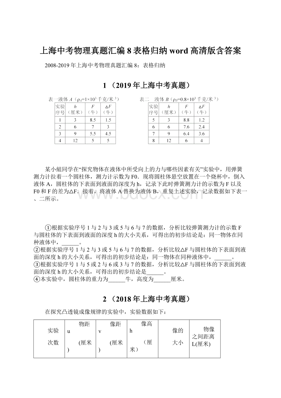 上海中考物理真题汇编8表格归纳word高清版含答案文档格式.docx_第1页