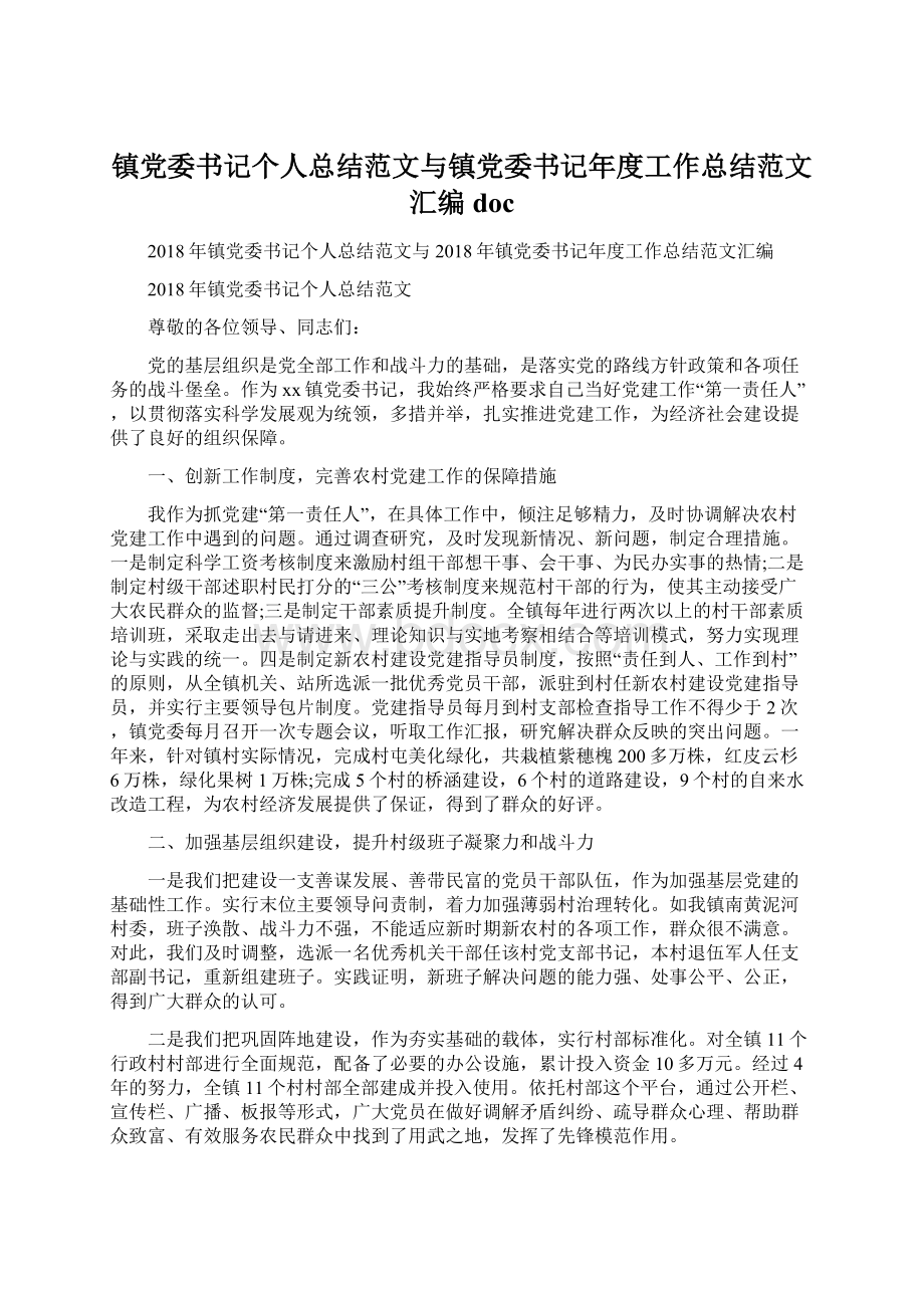 镇党委书记个人总结范文与镇党委书记年度工作总结范文汇编doc文档格式.docx