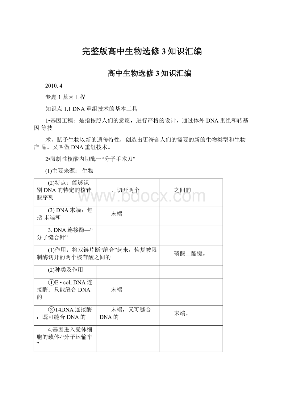 完整版高中生物选修3知识汇编Word格式.docx