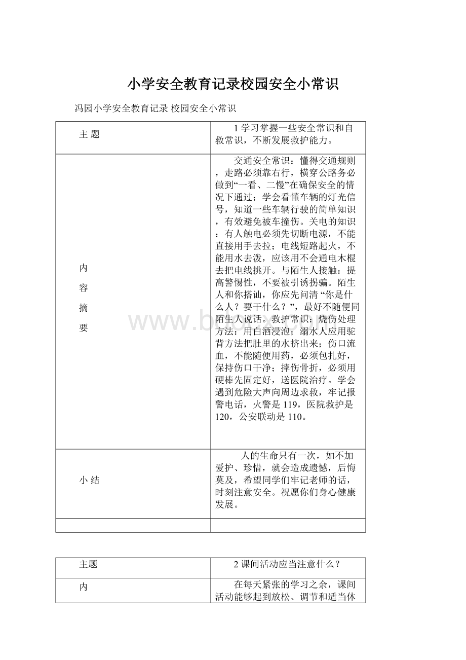 小学安全教育记录校园安全小常识Word格式.docx