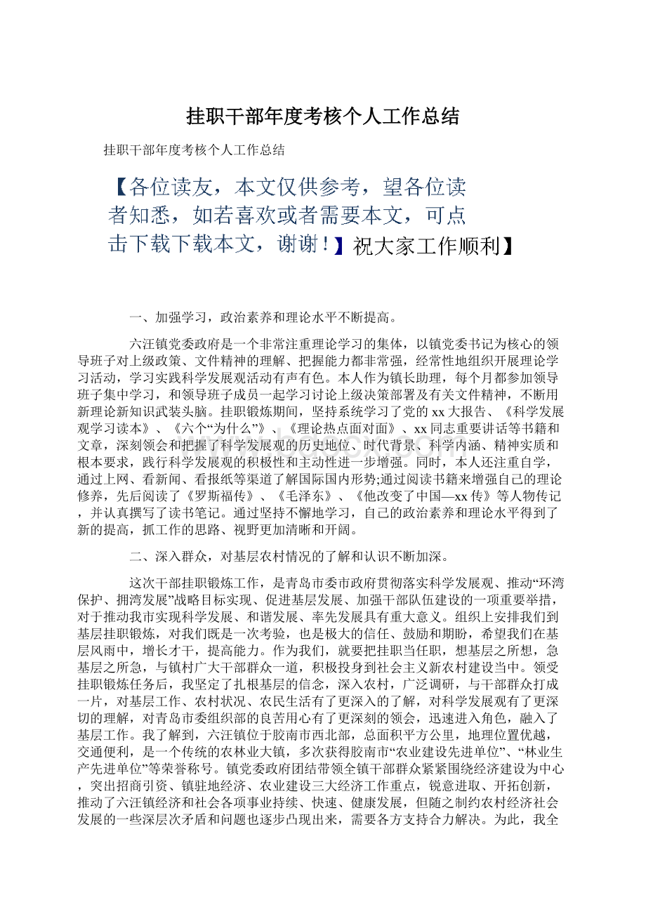 挂职干部年度考核个人工作总结Word格式文档下载.docx_第1页