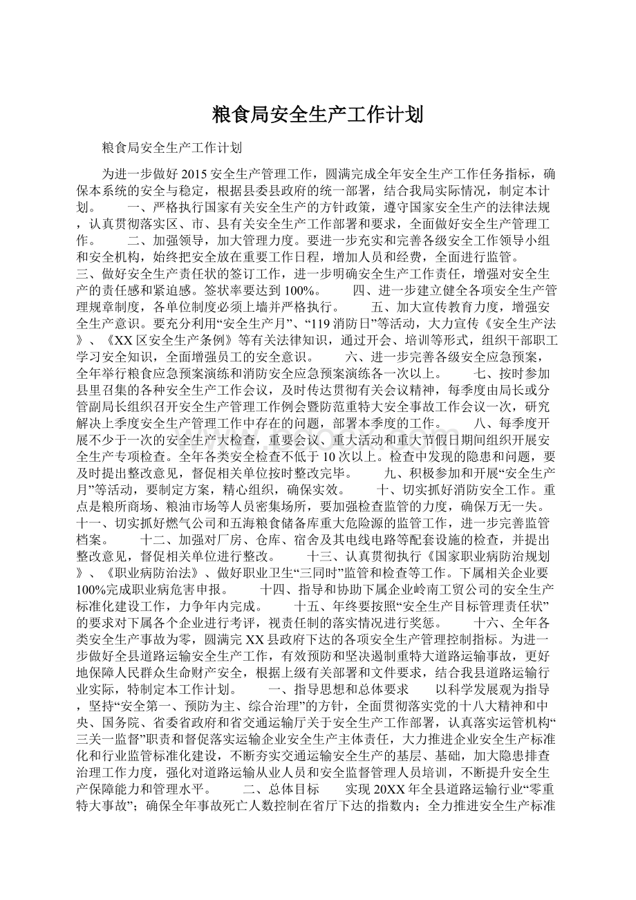 粮食局安全生产工作计划Word文档格式.docx