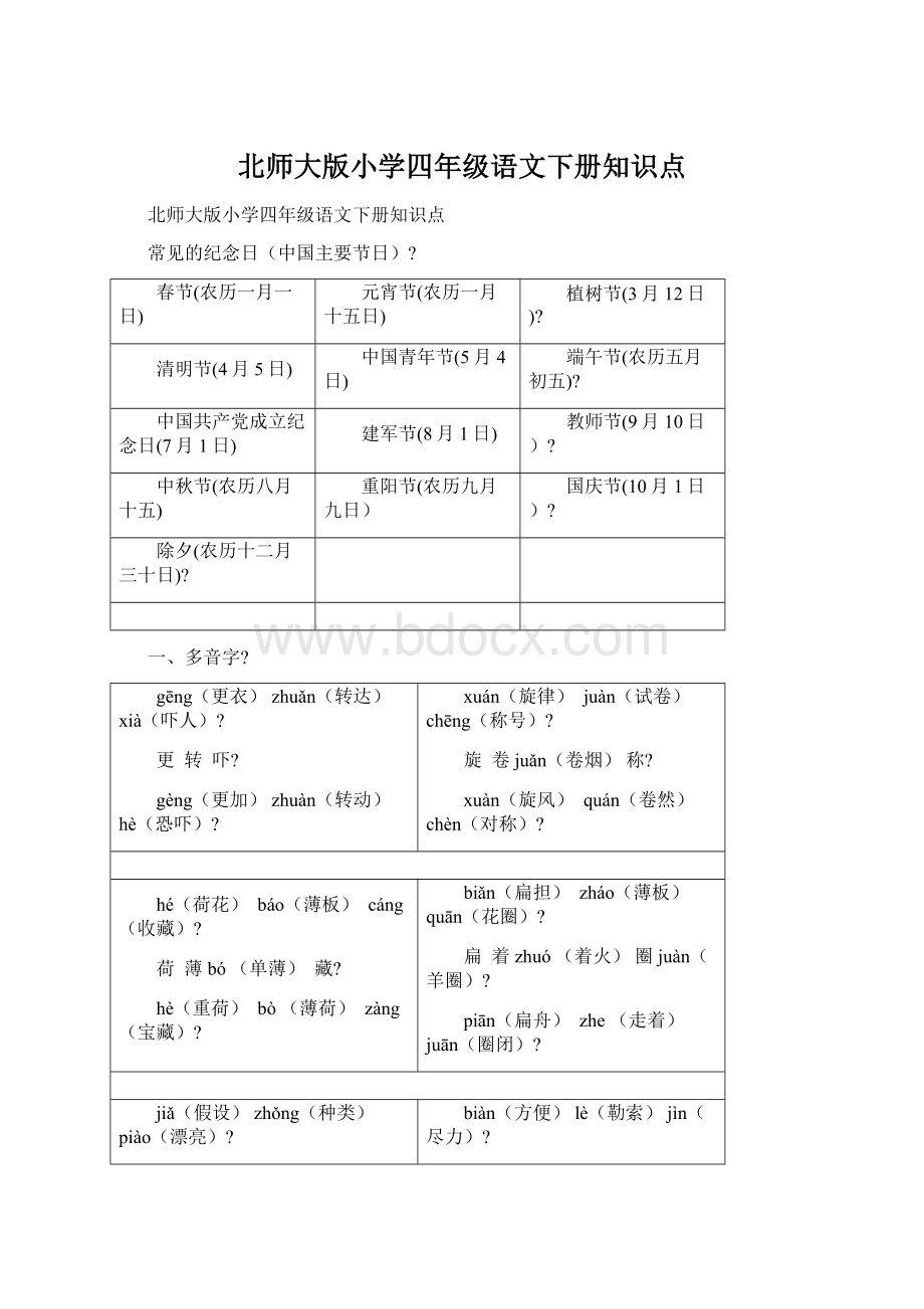 北师大版小学四年级语文下册知识点Word文件下载.docx